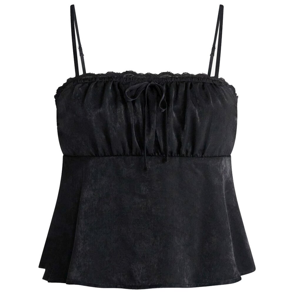 Plus Size XXL No Boundaries Black Satin Flounce Peplum Crop Cami With Lace NWT